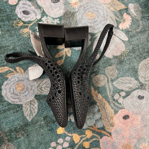 H&M Leather Slingback Pumps Sandals Black NWT Sz 11 Woven Braided Low Heels toe - Picture 9 of 16